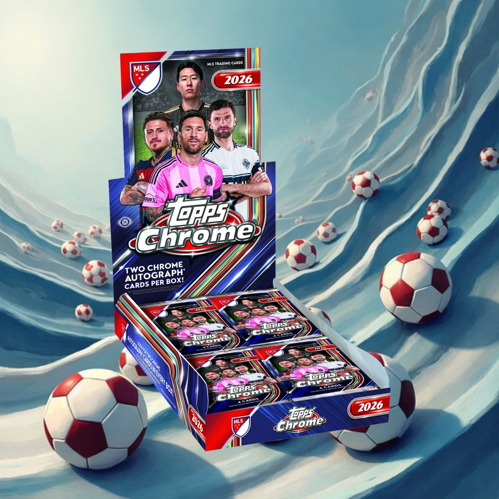 2026 Topps Chrome MLS Hobby Box på CardSurfers egen fotbollsbakgrund