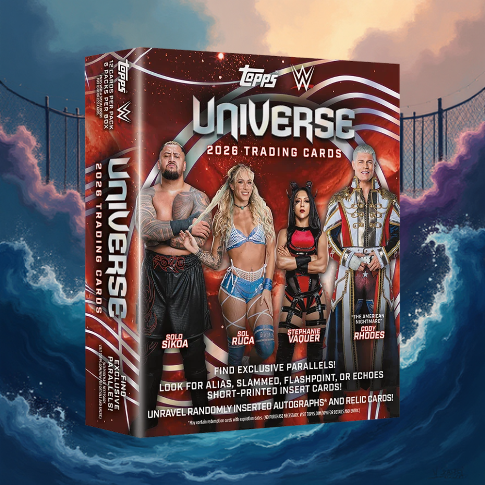 2026 Topps Universe WWE Mega Box på CardSurfers egen WWE-bakgrund