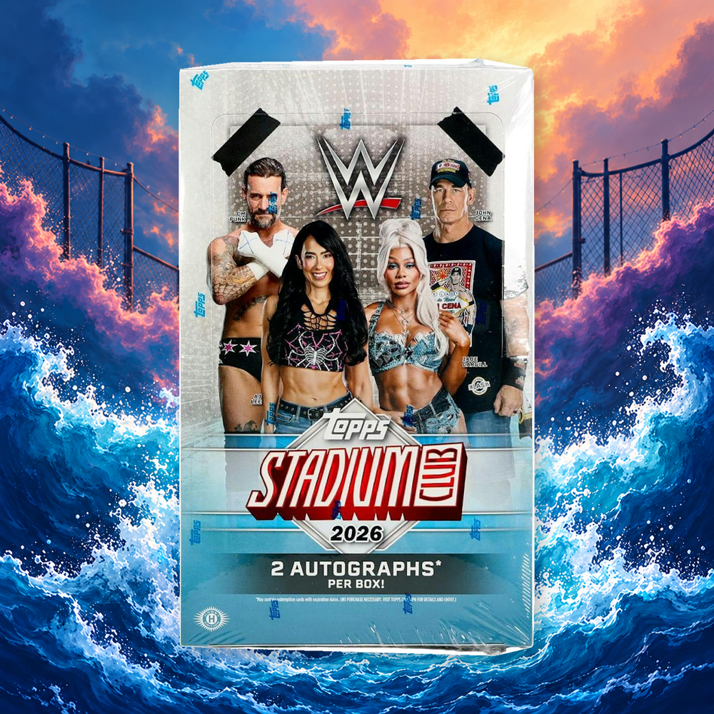 2026 Topps Stadium Club WWE Hobby Box – CardSurfer vågbakgrund