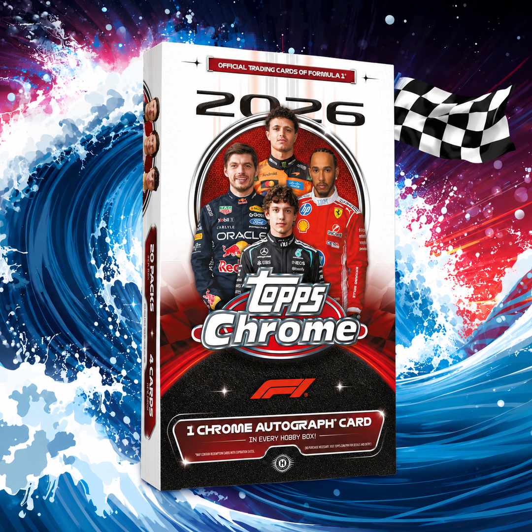 2026 Topps Chrome Formula 1 Hobby Box på CardSurfers racingbakgrund
