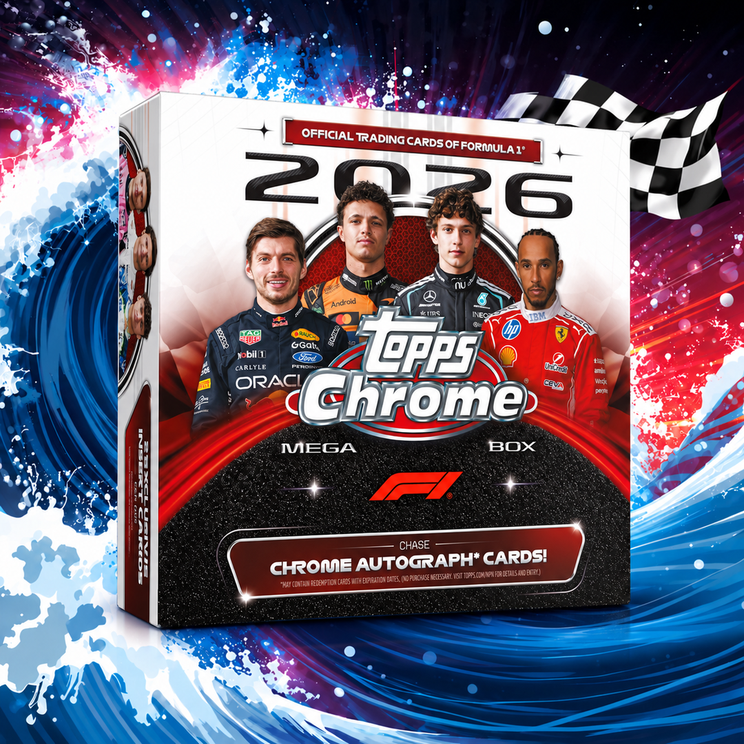 2026 Topps Chrome Formula 1 Mega Box – CardSurfers blå/röda F1-bakgrund