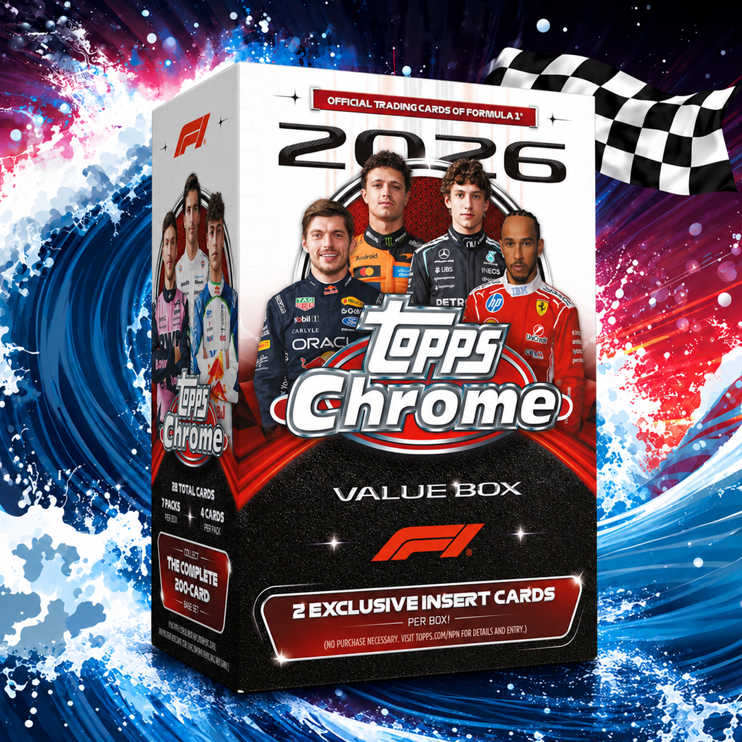 2026 Topps Chrome Formula 1 Value Box – CardSurfers blå/röda F1-bakgrund