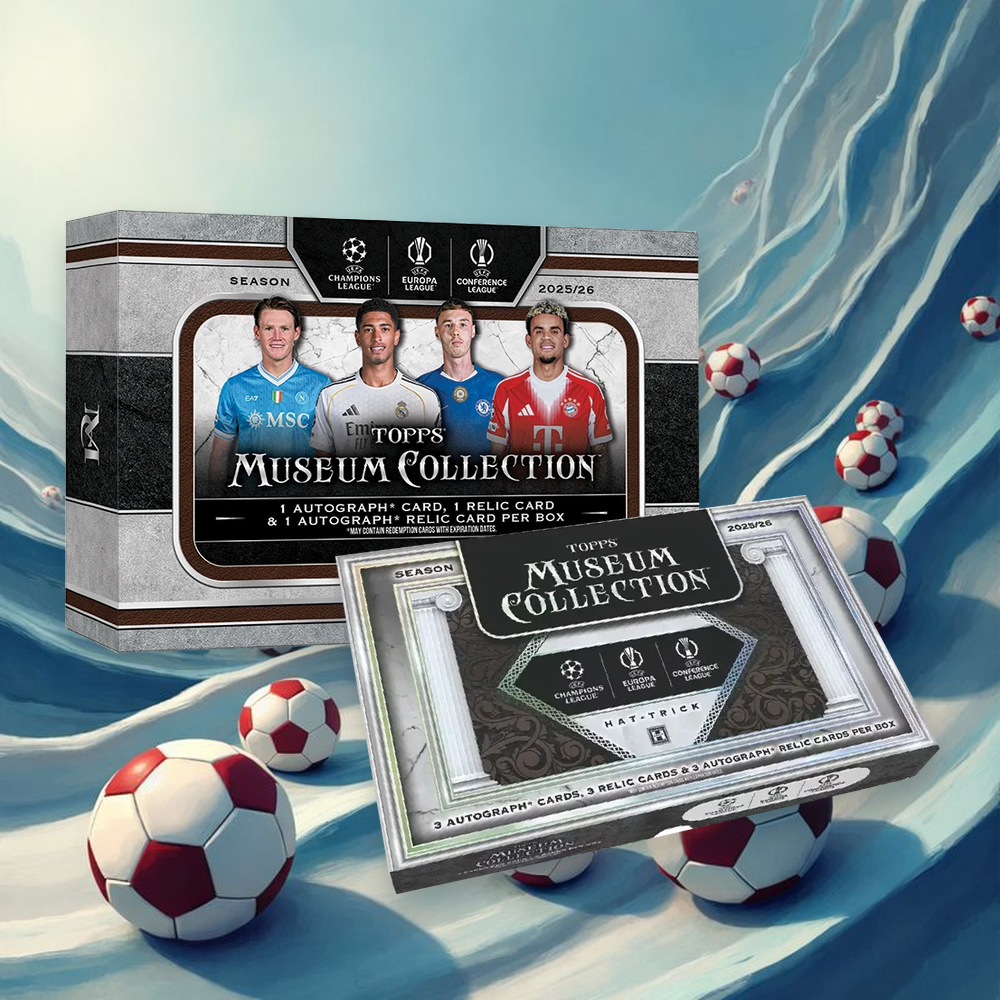 Topps Museum Collection UEFA 2025/26 2-box-break på CardSurfers soccer-bakgrund