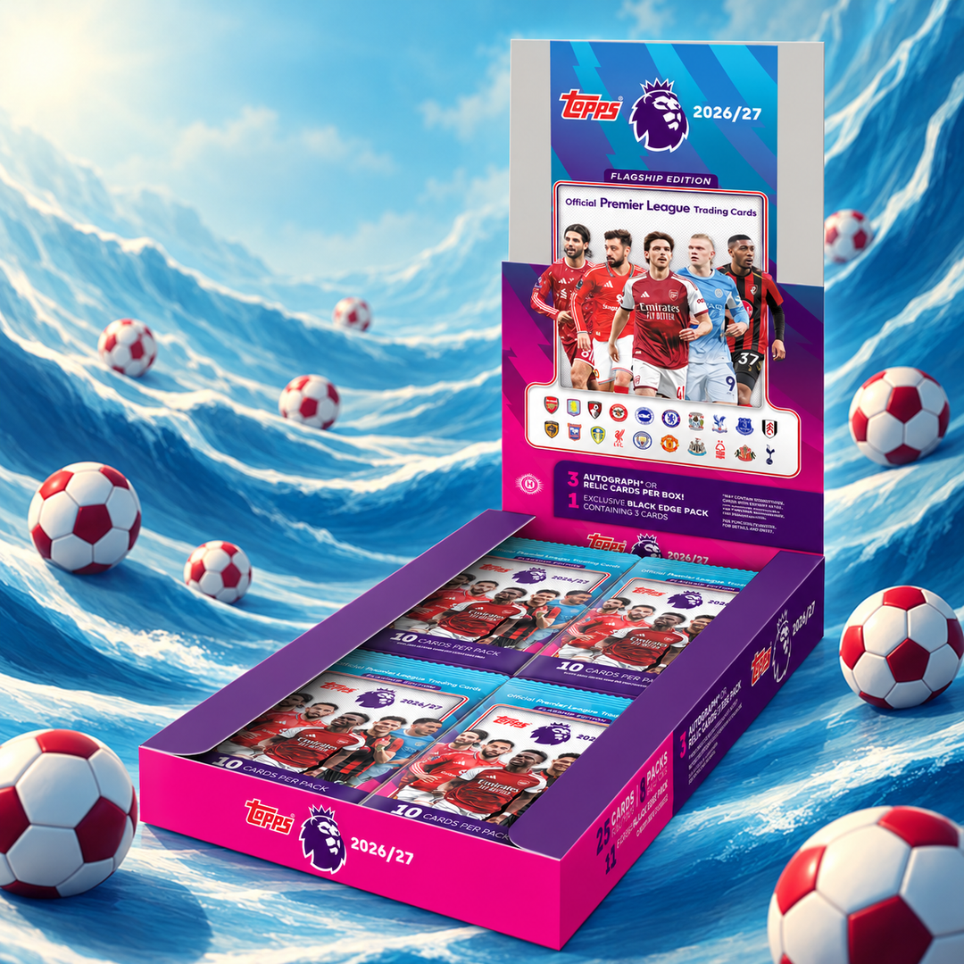 Topps Flagship Premier League 2026/27 Hobby Box på blå vågor med fotbollar
