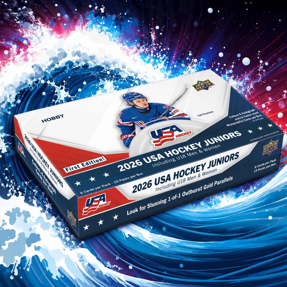 2026 Upper Deck USA Hockey Juniors Hobby Box med CardSurfer-bakgrund